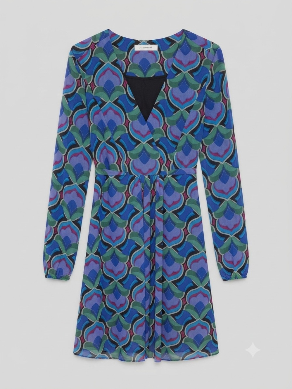 Promod Retro Floral-Pattern Long Sleeve Dress in Blue and Green